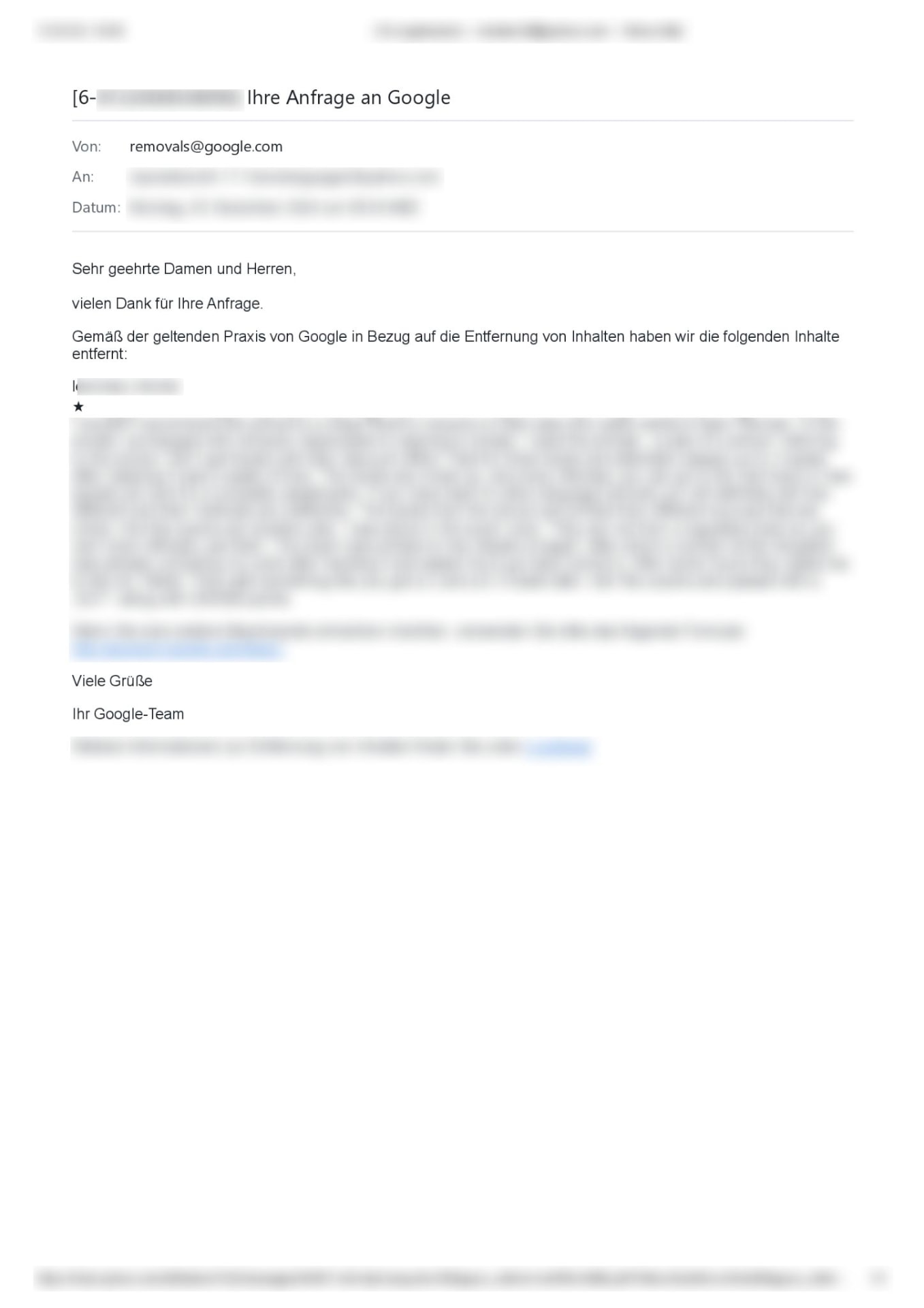 Löschbestätigung von Google – Nachweis 11