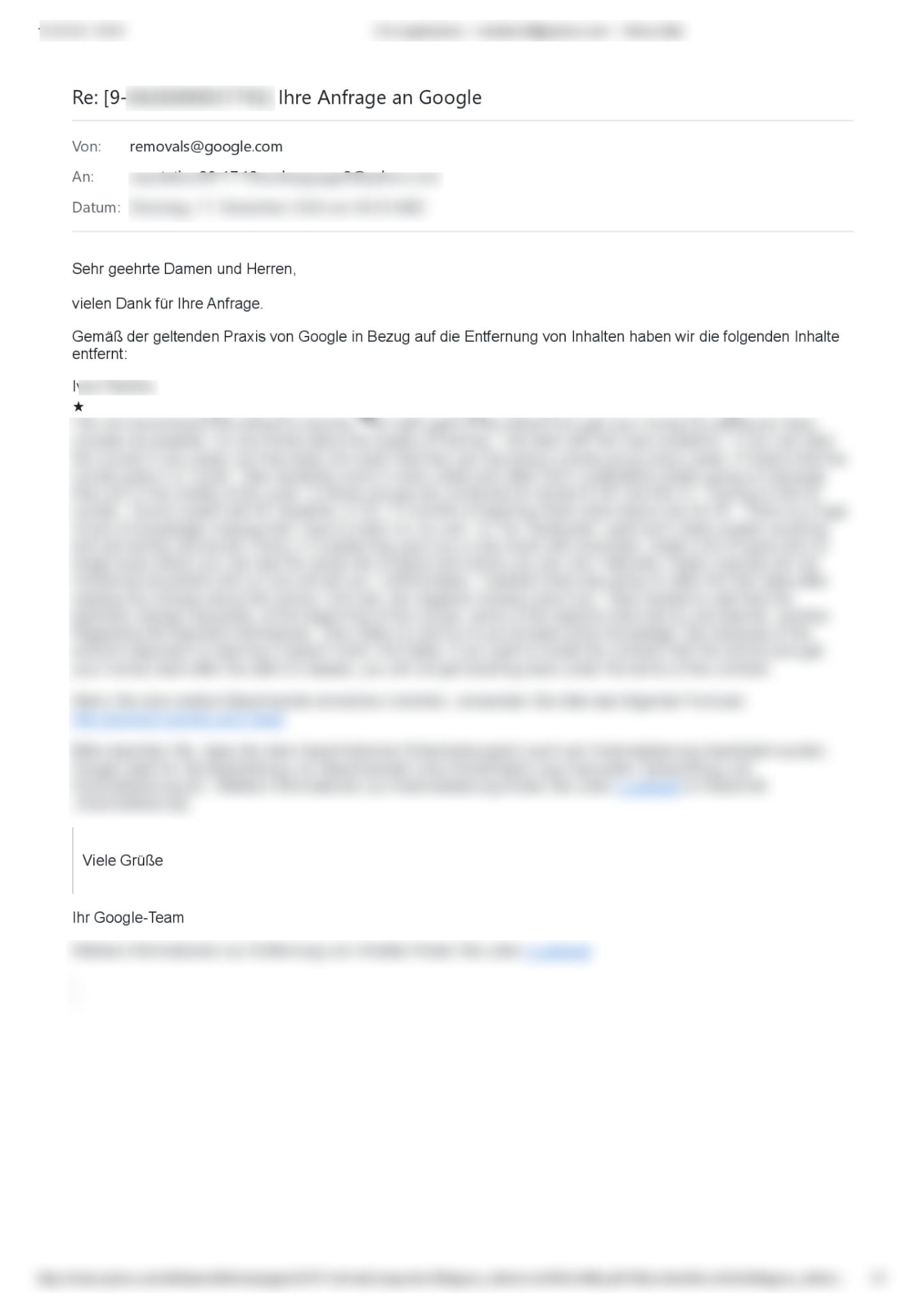 Löschbestätigung von Google – Nachweis 2