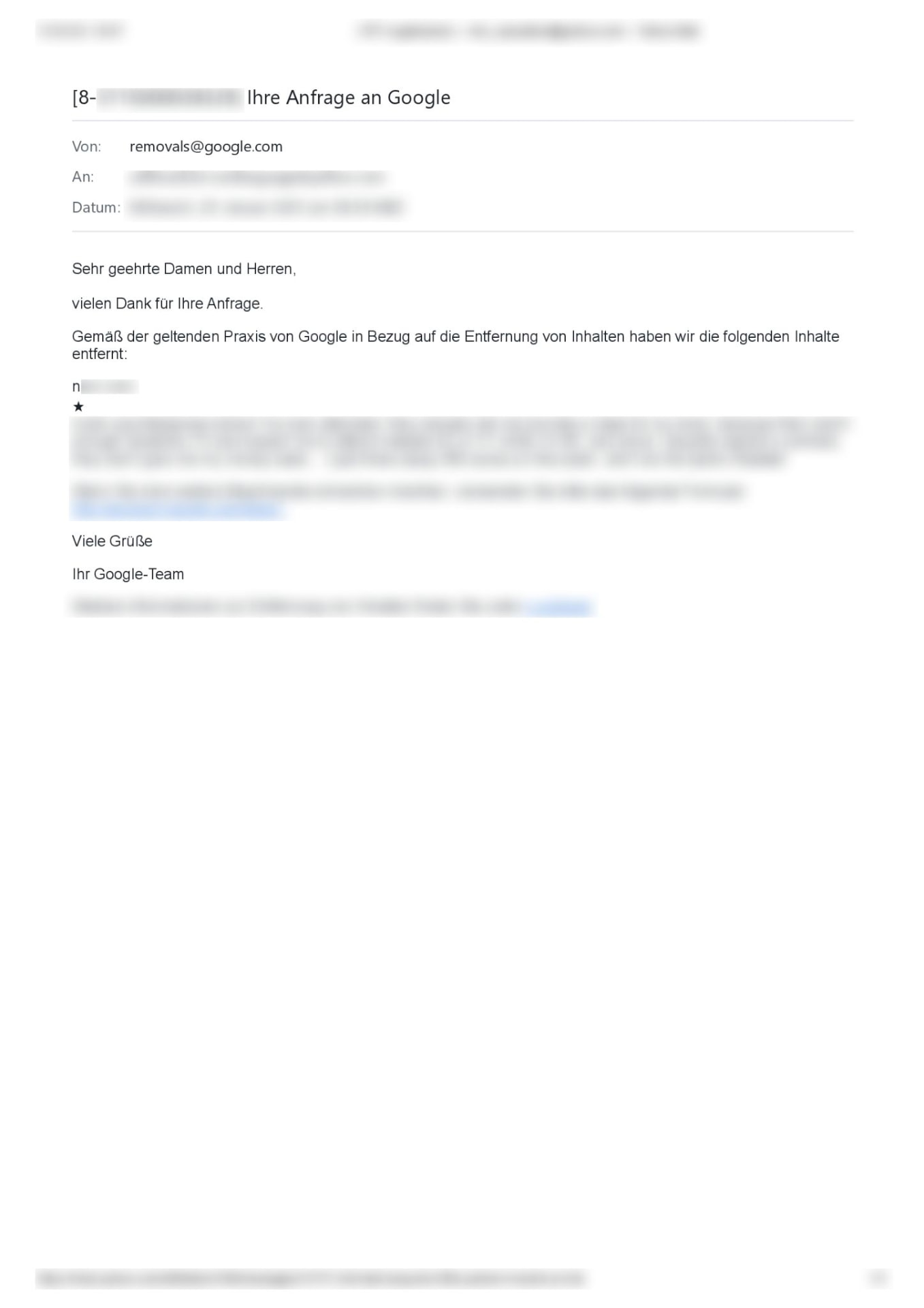 Löschbestätigung von Google – Nachweis 14