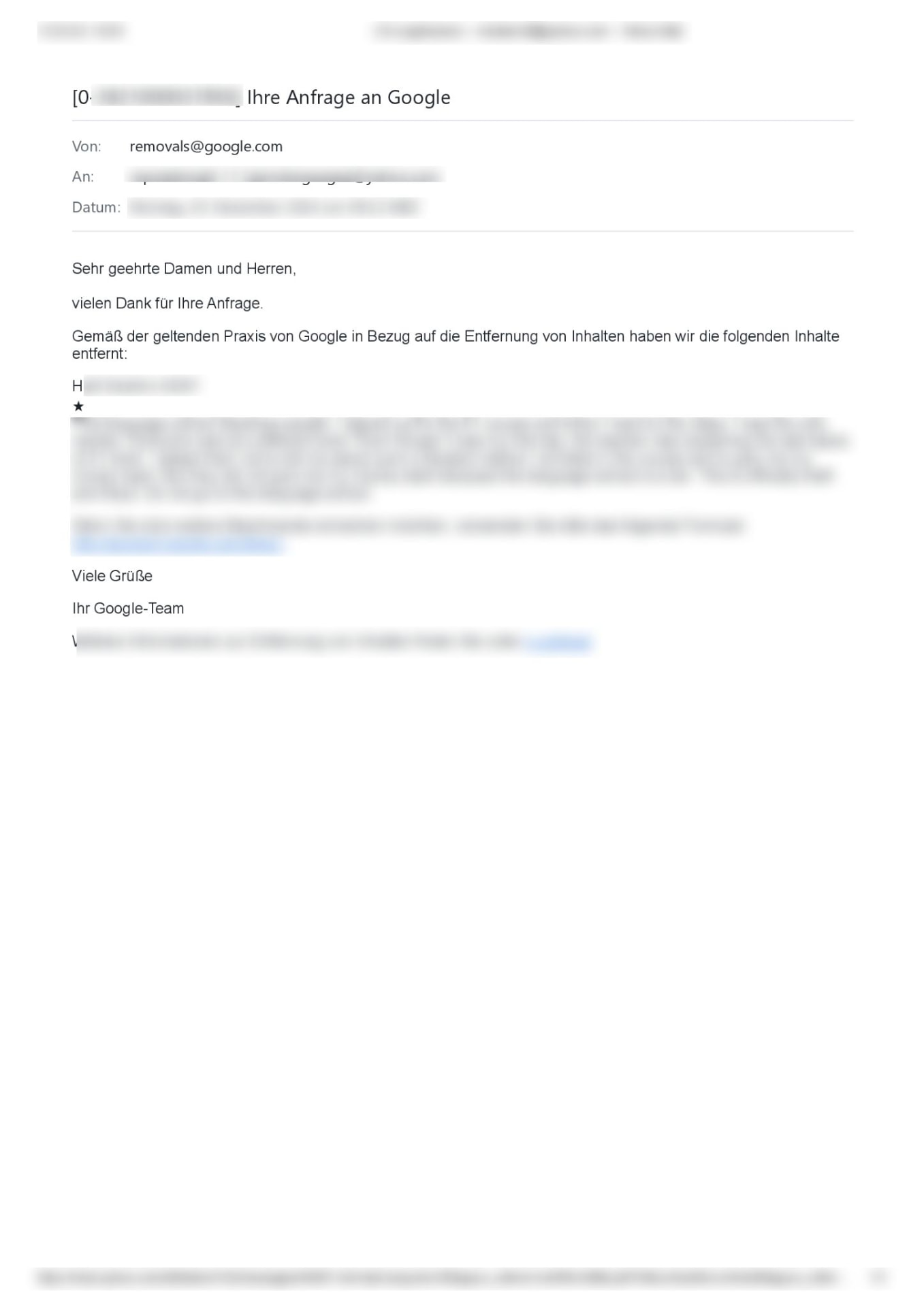Löschbestätigung von Google – Nachweis 6