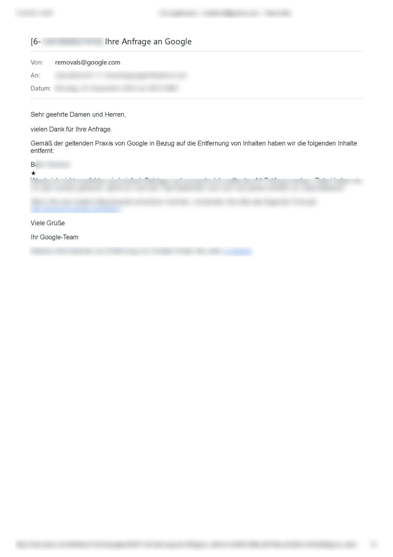 Löschbestätigung von Google – Nachweis 7