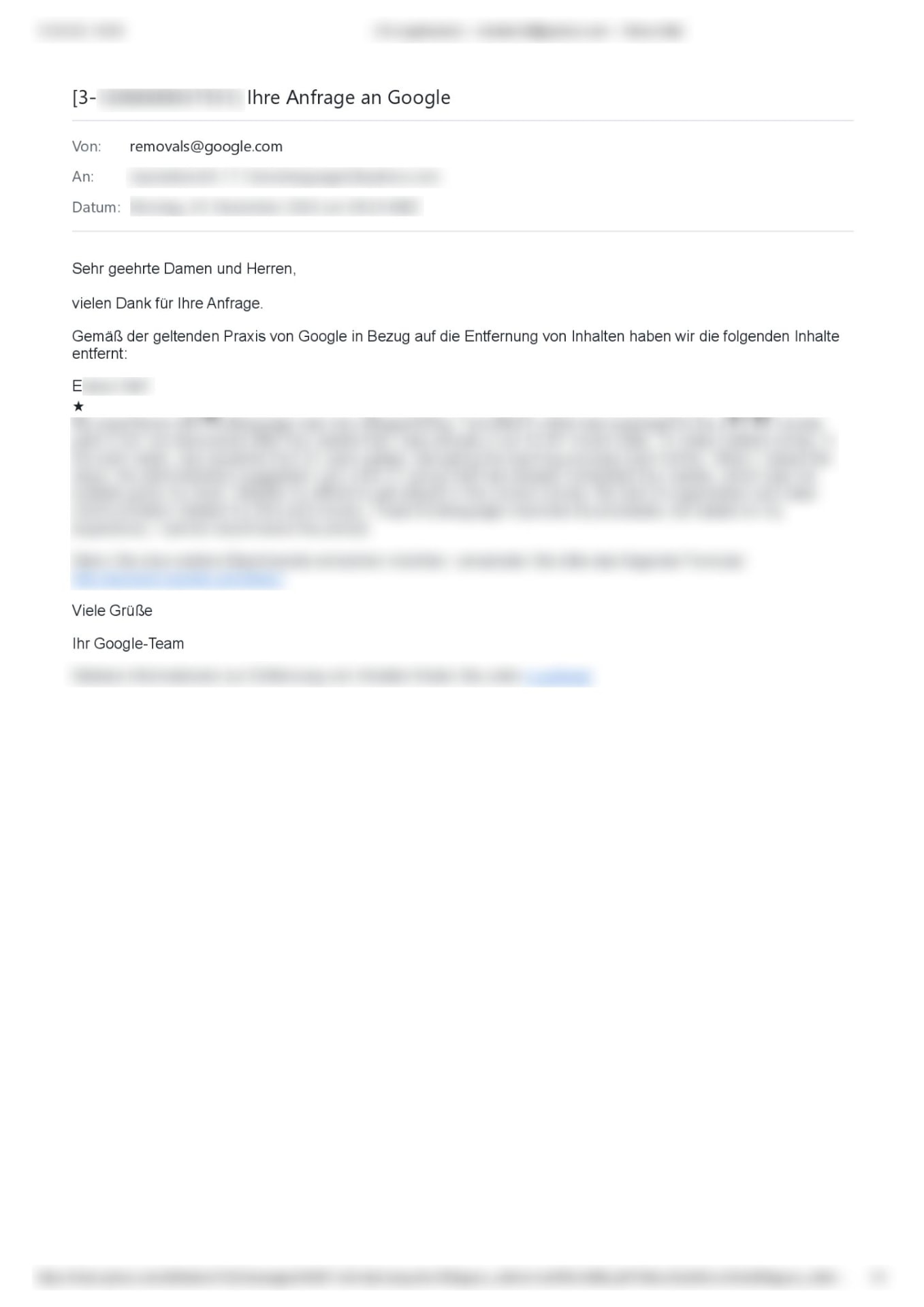 Löschbestätigung von Google – Nachweis 5