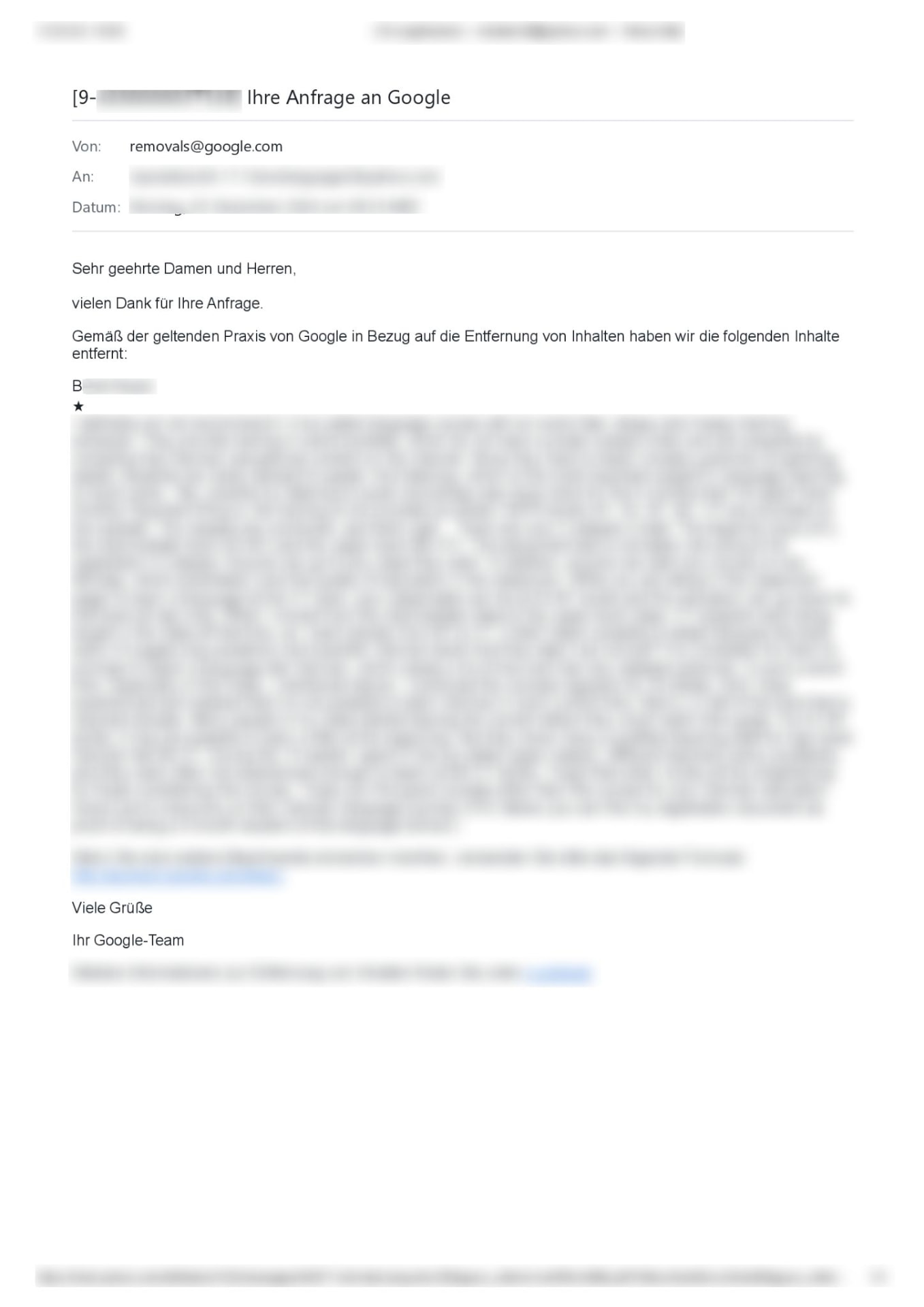 Löschbestätigung von Google – Nachweis 10