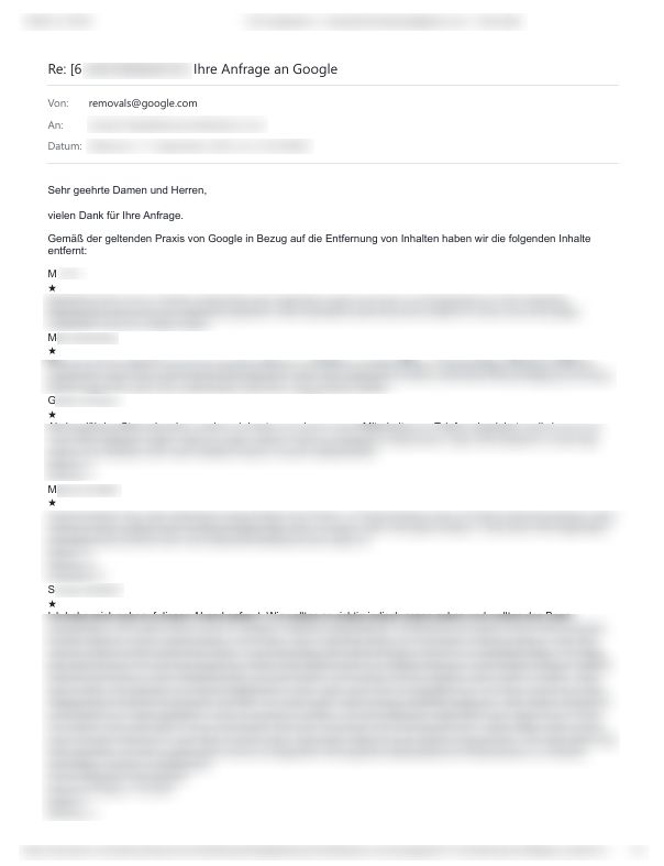 Löschbestätigung von Google – Nachweis 1